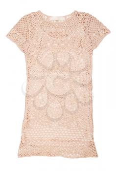 Knitted women's dress in beige mesh. Isolate on white