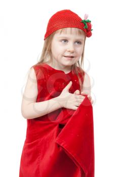 The little girl in a red hat with strawberries isolated on white background