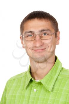 Caucasian man with glasses portrait of a close-up in the studio. Isolate on white.