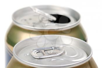 Beer can on white background, from the top view. Shallow depth of field.