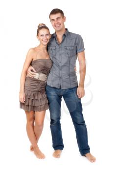 Portrait of embracing happy beautiful couple - isolate  white background