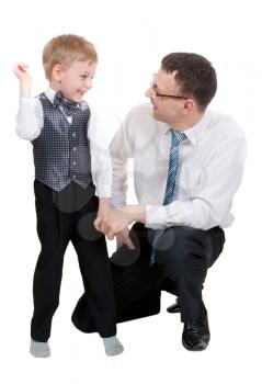 Businessman with his son in the studio, isolate on white