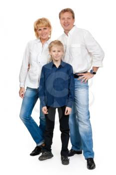Happy family of three people in the studio, isolate on white