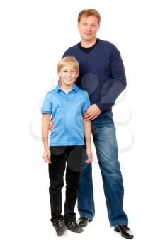 Dad and son are in the studio on a white background