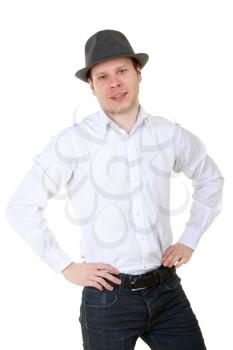 Young handsome man with a modern style, jeans, shirt and a hat