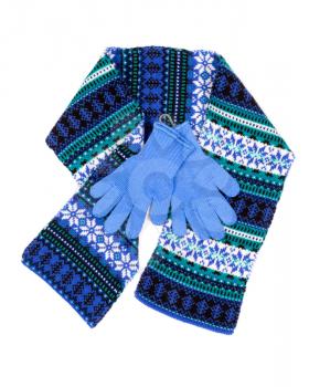 patterned scarf and blue gloves, isolated on white