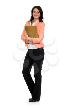young business woman with a folder isolated on white background