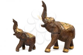 Two wooden statues of elephants, isolate on white