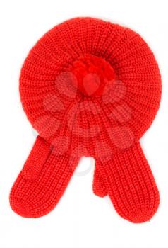 Red knitted hat with pamponom with gloves. Isolate on white background.