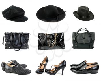 Three sets of hats, handbags and shoes. Isolate on white.