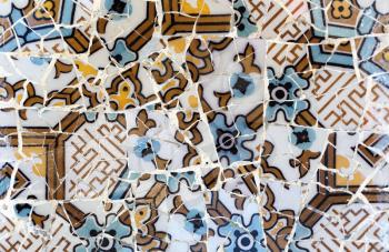 Close-up of the ceramics in Park Guell Barcelona created by Gaudi