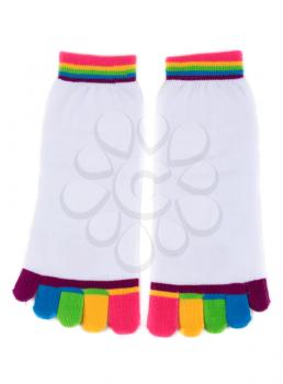 Pair of white socks with colored fingers. Isolate on white.