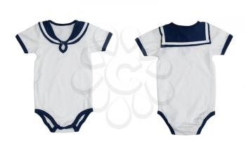Two of the form (front and back) baby clothes stylized sailor. Isolate on white background. Image is made up of two frames.