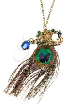 Necklace on a chain, blue stone and peacock feather. Isolate on white.