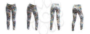 Collage of four women's pants in a flower pattern in different poses. Isolate on white.