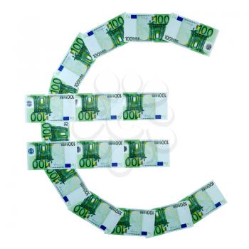 Euro symbol made of 100 euro banknotes isolated on white background 