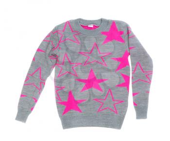 Female gray sweater with red stars. Isolate on white.