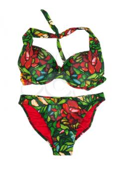 Green with red swimsuit with a pattern. Isolate on white.