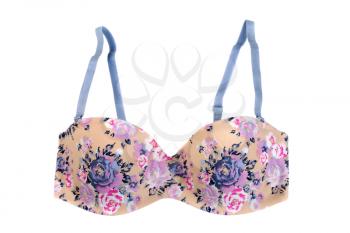 Beige bra with floral pattern. Isolate on white.