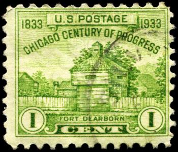 Royalty Free Photo of a 1933 US Stamp of the Restoration of Fort Dearborn, Century of Progress Issue
