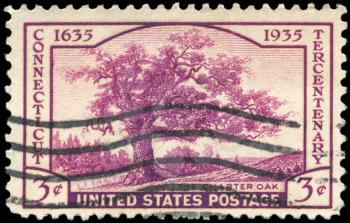 Royalty Free Photo of a 1935 US Stamp of the Charter Oak, Connecticut Tercentenary Issue