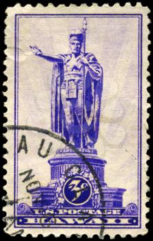 Royalty Free Photo of a 1937 US Stamp of the Statue of Kamehameha I, (1758-1819), Honolulu, First King of Hawaii
