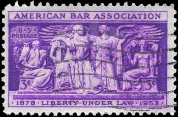 Royalty Free Photo of 1953 US Stamp Shows the Section of Frieze, Supreme Court Room, American Bar Association, 75th Anniversary