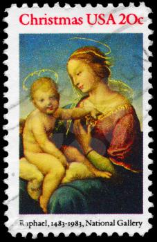 Royalty Free Photo of 1983 US Stamp Shows the Madonna, by Raphael (1483-1520), National Gallery