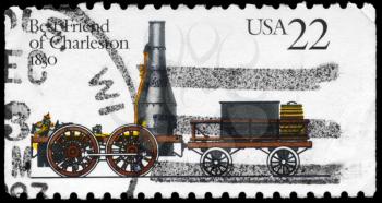 Royalty Free Photo of 1987 US Stamp Shows the First Locomotive Best Friend of Charleston, 1830
