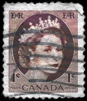 CANADA - CIRCA 1956: A Stamp printed in CANADA shows the portrait of a Queen Elizabeth II (born 21 April 1926), series, circa 1956