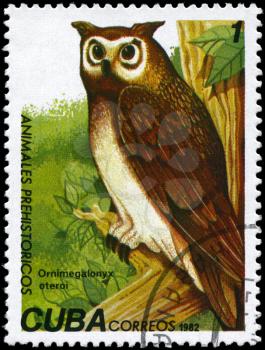 CUBA - CIRCA 1982: A Stamp printed in CUBA shows image of a Giant Owl with the designation Ornimegalonyx oteroi from the series Prehistoric Fauna, circa 1982