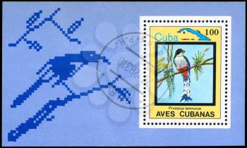 CUBA - CIRCA 1983: A Stamp sheet printed in CUBA shows image of a Cuban Trogon with the inscription Priotelus temnurus, series, circa 1983