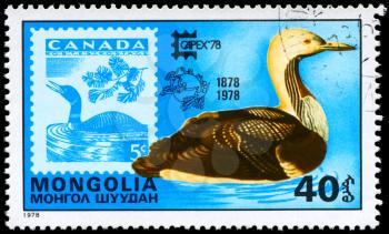 MONGOLIA - CIRCA 1978: A Stamp shows image of a Red-throated Loon and Canada from the series Capex Emblem, circa 1978