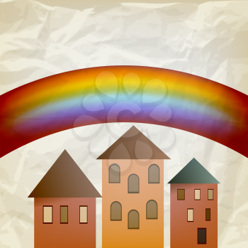 Royalty Free Clipart Image of a Houses with a Rainbow