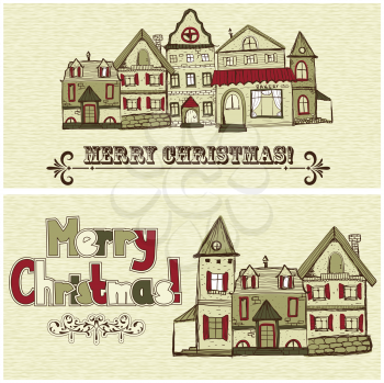 2 vector Christmas postcards with old houses and greetings