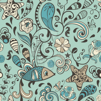 vector highly detailed abstract pattern with flowers, plants, fishes and insects, seamless pattern in swatch menu