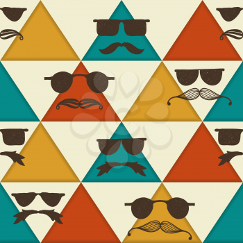 Royalty Free Clipart Image of a Triangle Background With Sunglasses and Moustaches