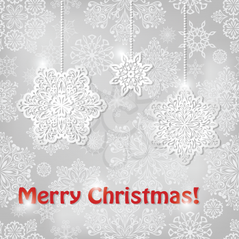 Vector Christmas Greeting Card with hanging snowflakes and greetings on  seamless pattern 