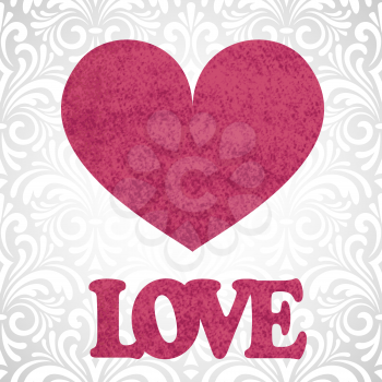 Royalty Free Clipart Image of a Flourish Background With a Heart and the Word Love