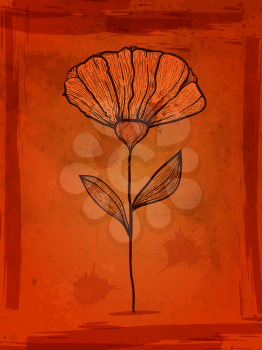 Vector flower on ogange  grungy background with blots and splashes,
 transparency effect