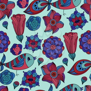vector abstract seamless floral composition with doodle funky flowers, flowers can be used separately, seamless pattern in swatch menu