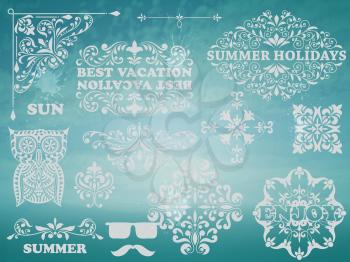 Vector Summer Design elements on Background with blue sky and sea, Vintage frames for your text, example with Chaparral Pro Bold and Cooper Std fonts, blobs with transparency effects