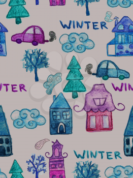 Vector Seamless Pattern with Watercolor Winter Houses