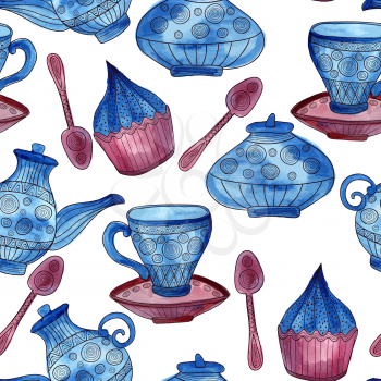 Vector Watercolor Seamless Tea Time Pattern, fully editable eps 10 file with clipping mask, seamless pattern in swatch menu, you can use elements separately