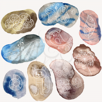 Vector  Watercolor  Stones with white Drawings, drawings and stones can be used separately
