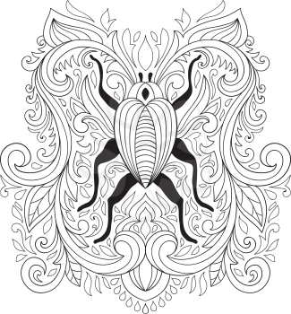 Vector Colouring Pages. Floral Composition with bug. Vintage style.