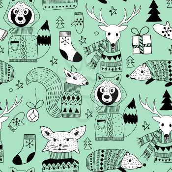 Vector Seamless Christmas Pattern with Doodle Animals in the Wood
