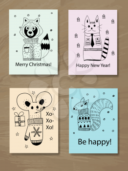 Vector Christmas Greeting Cards with Doodle Animals