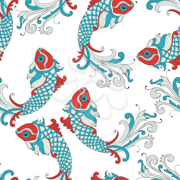Vector Seamless Pattern with karp fishes.  Retro vintage style. 