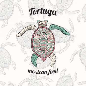 Vector Mexican food restaurant menu design with Turtle . Seamless Patternat the background. Retro vintage style.